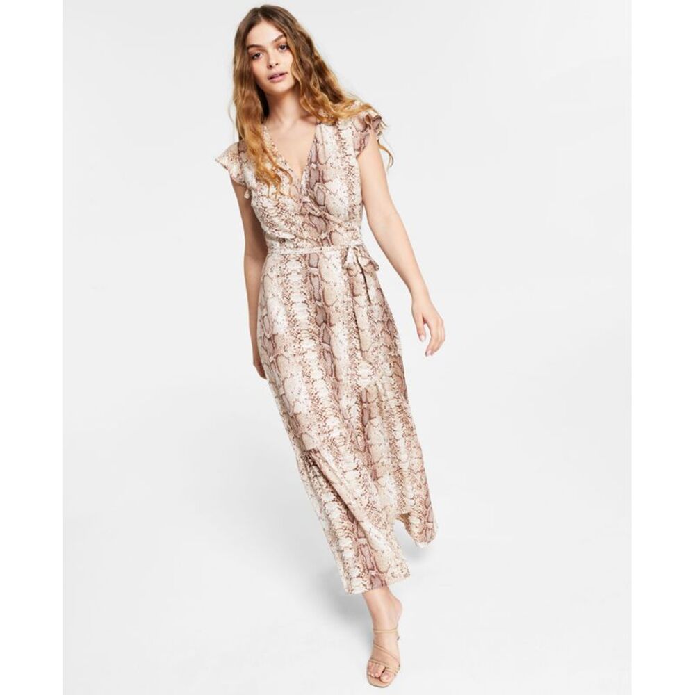 Bar III Petite Snake Print Flutter Sleeve Wrap Maxi Dress
